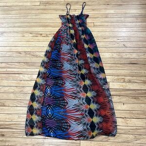 RED BERRY Maxi Dress Sheer Top Smocked Tropical Colorful Spaghetti Strap M